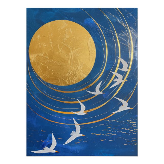 Goldene Mondvögel Himmelsmalerei Poster (Vorderseite)