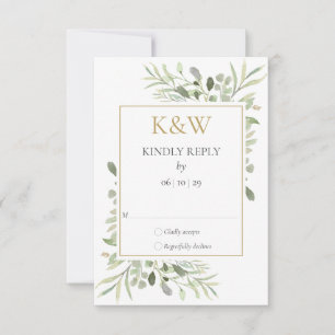 Goldene Monogramm-Aquarell-Grünpflanzen-Hochzeit RSVP Karte