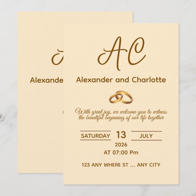 Goldene Monogramm-Hochzeitseinladung Einladung (Vorne/Hinten)