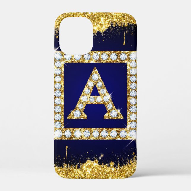 Goldene Monogramm-Initiale A mit blauem Glitter Case-Mate iPhone Hülle (Rückseite)