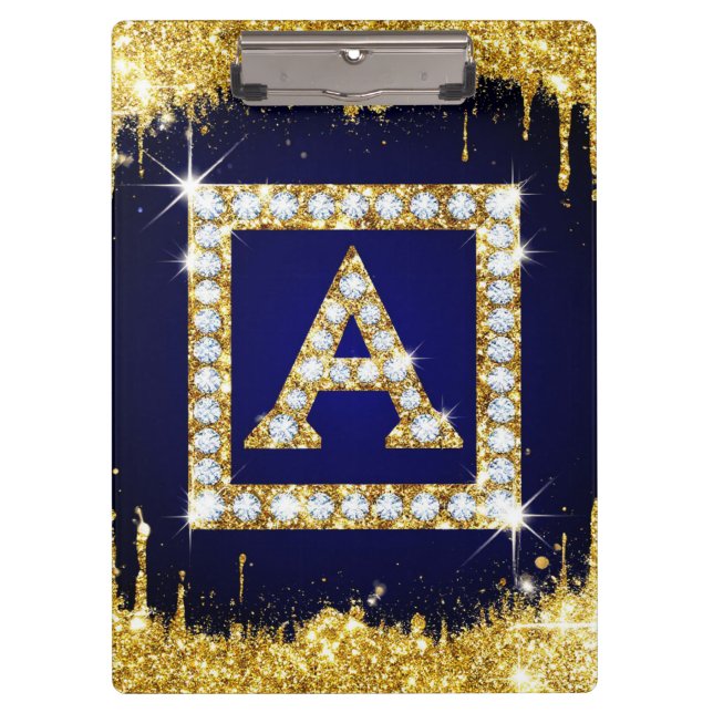 Goldene Monogramm-Initiale A mit blauem Glitter Klemmbrett (Vorderseite)
