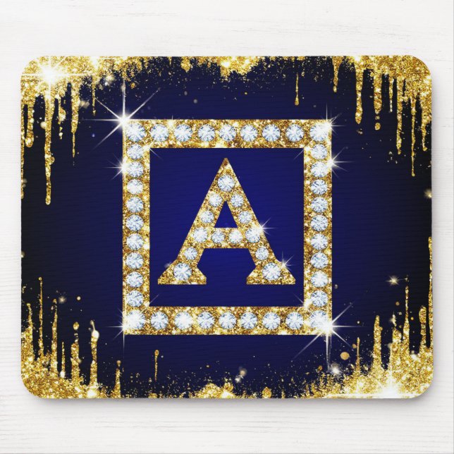 Goldene Monogramm-Initiale A mit blauem Glitter Mousepad (Vorne)