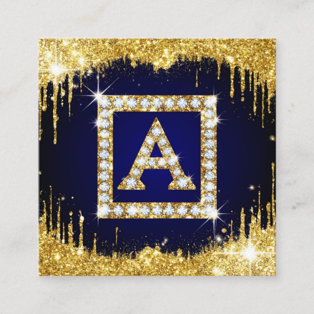 Goldene Monogramm-Initiale A mit blauem Glitter Quadratische Visitenkarte (Vorderseite)