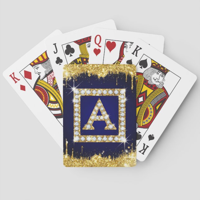 Goldene Monogramm-Initiale A mit blauem Glitter Spielkarten (Rückseite)
