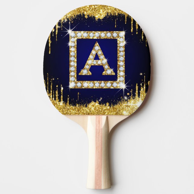 Goldene Monogramm-Initiale A mit blauem Glitter Tischtennis Schläger (Vorderseite)