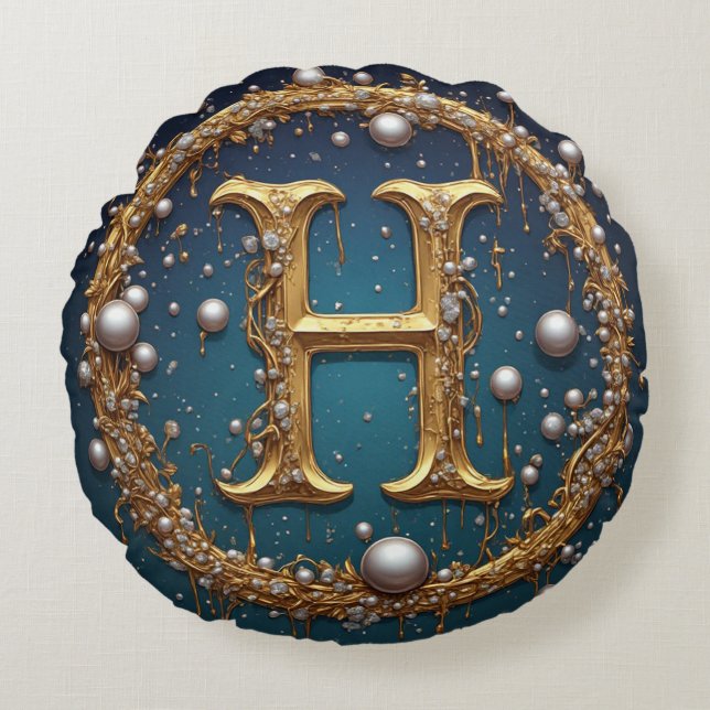 Goldene Monogramm-Initiale H Rundes Kissen (Vorderseite)