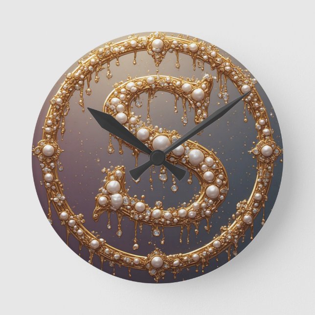 Goldene Monogramm-Initiale S Runde Wanduhr (Vorderseite)