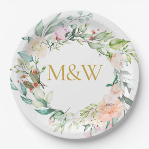 Goldene Monogramm-Initialen Rosen Girlande Floral Pappteller