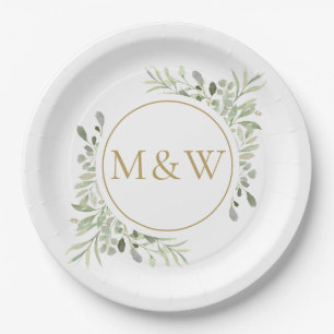 Goldene Monogramm-Initialen Wasserfarbe Grünzeug B Pappteller