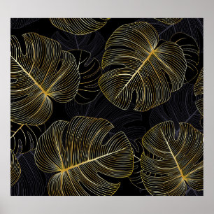 Goldene Monstera-Blätter, romantische nahtlose Blu Poster