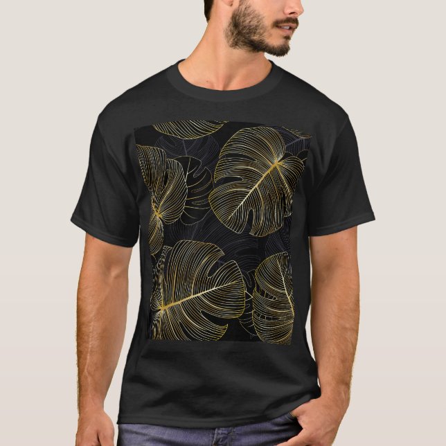 Goldene Monstera-Blätter, romantische nahtlose Blu T-Shirt (Vorderseite)