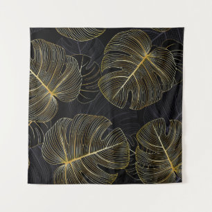 Goldene Monstera-Blätter, romantische nahtlose Blü Wandteppich