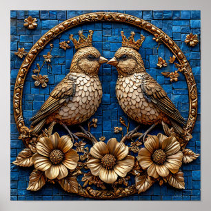 ✨ Goldene Mosaik Vögel Königskrone Symmetrie Wand Poster