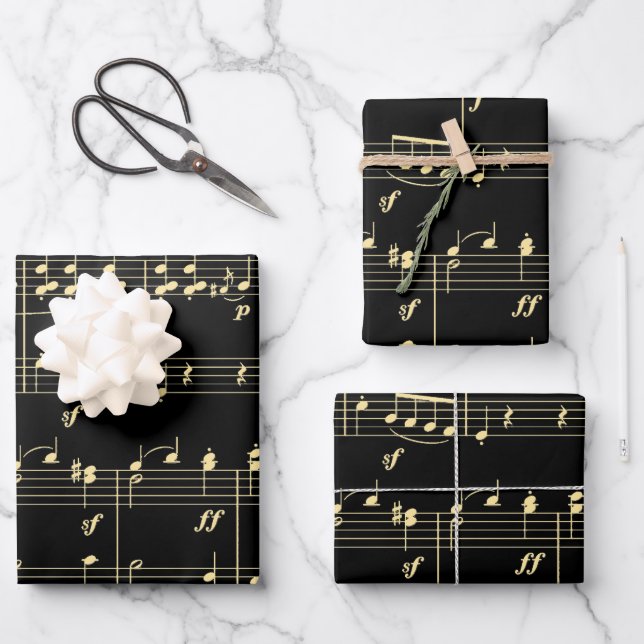 Goldene Musik auf schwarz Geschenkpapier Set (Vorderseite)