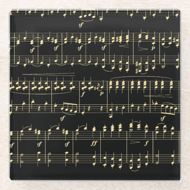 Goldene Musik auf schwarz Glasuntersetzer (Vorderseite)