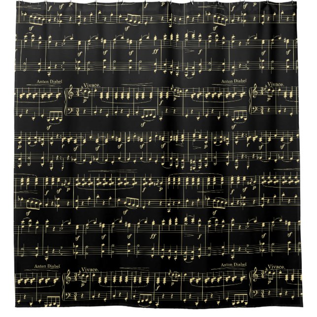 Goldene Musikbars auf Black Duschvorhang (Vorderseite)
