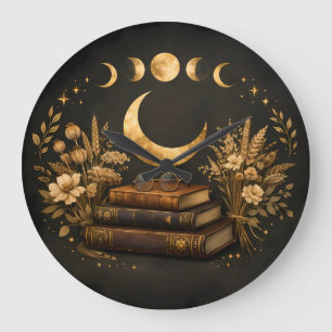 Goldene mystische Bibliothek & Botanische Boho-Mon Große Wanduhr