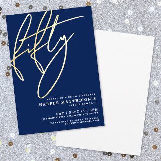 Goldene Navy Blau Fünfzig 50. Geburtstagsfeier Folieneinladung