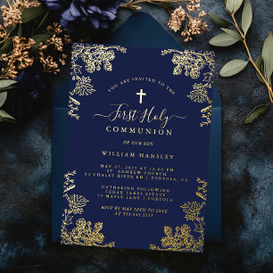Goldene Navy-Blumen-Vintage-Jungen-Erstkommunion Folieneinladung