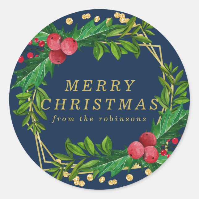 Goldene Navy-Familie frohe Weihnachten Holly-Glitz Runder Aufkleber (Vorderseite)