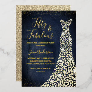Goldene Navy-Kleid 50. & Fabulous Geburtstag Folieneinladung