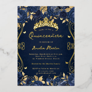 Goldene Navy Swirl Scroll Floral Quinceanera Folieneinladung