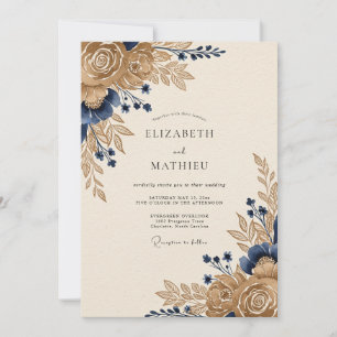 Goldene Navyblaue Majestätische Florale Hochzeit Einladung