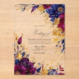 Goldene, Navyblaue und Burgunderrote Blumenhochzei Acryleinladungen