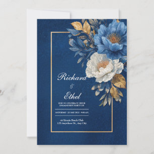 Goldene Navyblaue Weiße Pfingstrose Blumige Hochze Einladung