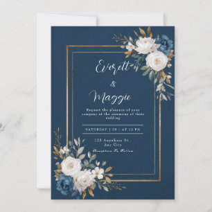 Goldene Navyblaue Weiße Rose Florale Hochzeit Einladung