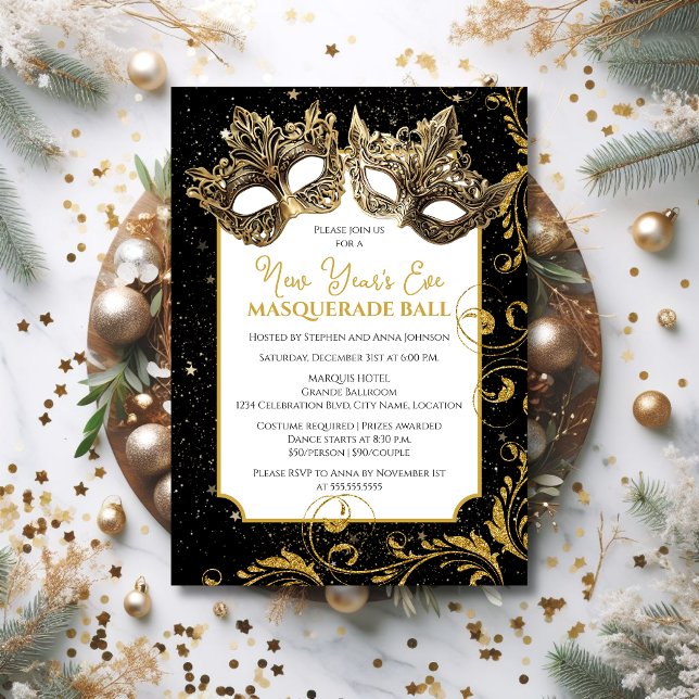 Goldene Neujahrsfeierlichkeiten Einladung (Host your next NYE masquerade in elegance by sending out these gold mask masquerade ball invitations)
