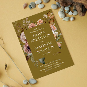 Goldene Oliven-Grün-Hochzeit Herbstliche Blumend Einladung
