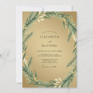 Goldene Olivenblätter Graue Eukalyptus-Hochzeit Einladung