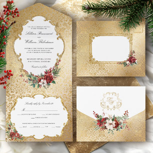 Goldene Opulenz Weihnachtsflorales Hochzeit All In One Einladung