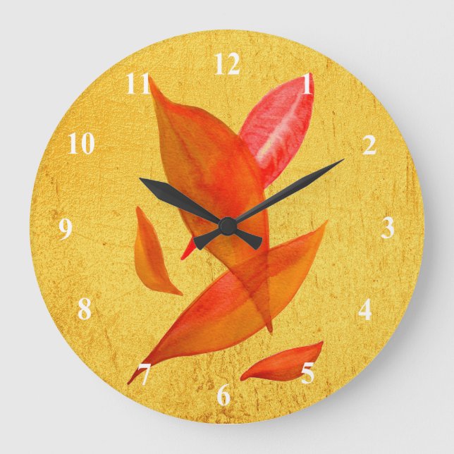 Goldene Orange Herbstblatt Moderne Kunst Große Wanduhr (Vorderseite)