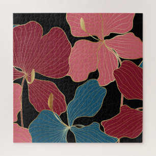 Goldene Orchideen, elegante Blumen-Linien Kunst. Puzzle