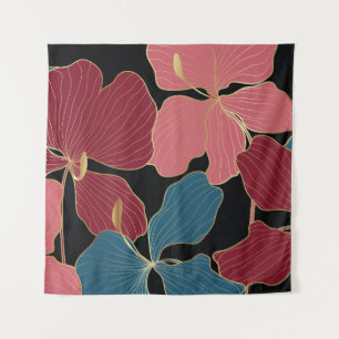 Goldene Orchideen, elegante Blumen-Linien Kunst. Wandteppich