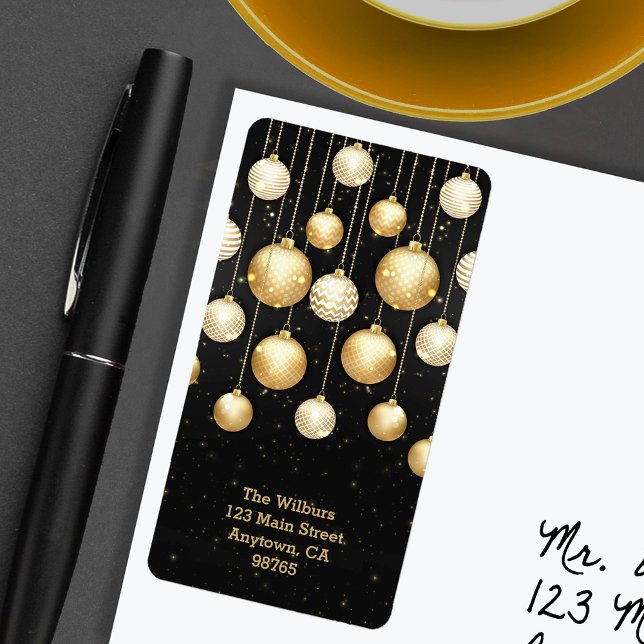 Goldene Ornamente an der Schwarzen Weihnachtszeit- Adressaufkleber (Gold Ornaments on Black Christmas Return Address Labels)