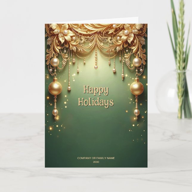 Goldene Ornamente Festgrün Feiertag Karte (Vorderseite)