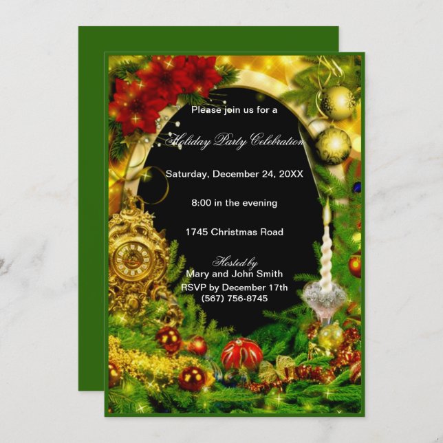 Goldene Ornamente Grünes Pine Weihnachtsfest Party Einladung (Vorne/Hinten)