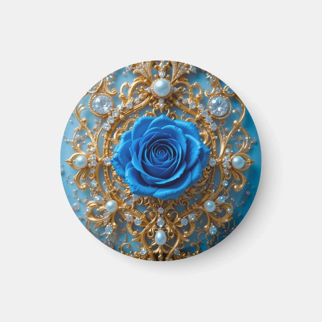 Goldene Ornamente mit blauer Rose und Perle Magnet (Vorne)