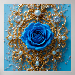 Goldene Ornamente mit blauer Rose und Perle Poster