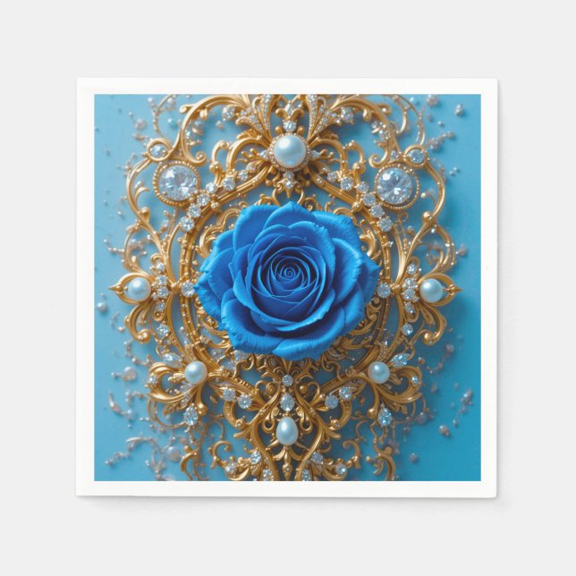 Goldene Ornamente mit blauer Rose und Perle Serviette (Vorderseite)