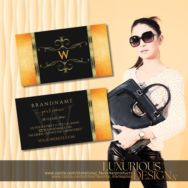 Goldene Ornamente Monogramm, schwarz und orange Gl Visitenkarte (Von Creator hochgeladen)