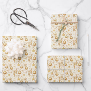 Goldene Ornamente Schleifen Weihnachten Feiertag Geschenkpapier Set