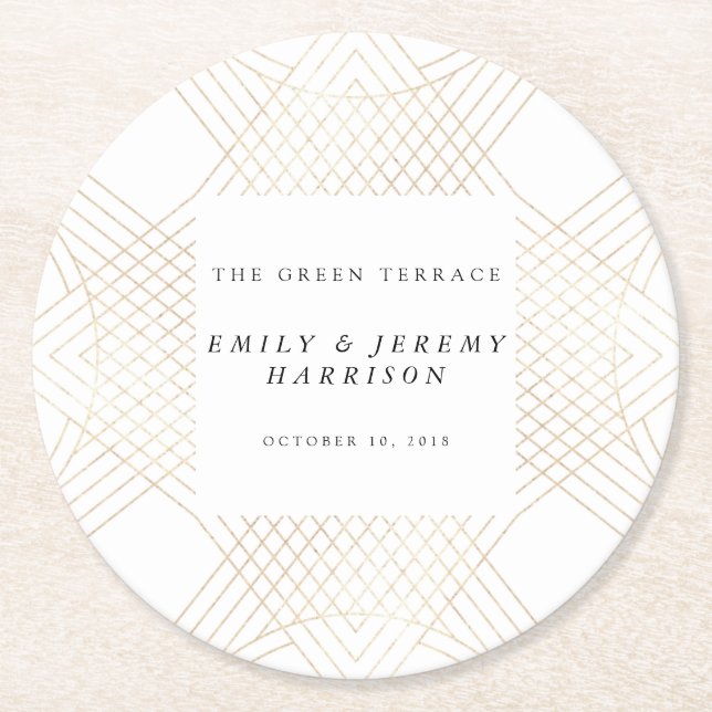 Goldene Oval Geometrische Art Deco Gatsby Hochzeit Runder Pappuntersetzer (Vorderseite)