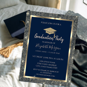 Goldene Pailletten Abschlussmütze Navy Blau Abschl Einladung