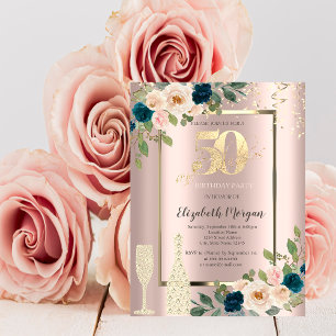 Goldene Pailletten, Blaue Rosen Champagner 50. Geb Einladung