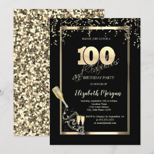 Goldene Pailletten, Wein Glas Flasche 100. Geburts Einladung
