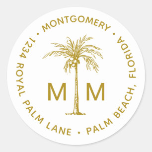 Goldene Palmbaum-Monogramm-Tropen-Rücksendeadresse Runder Aufkleber